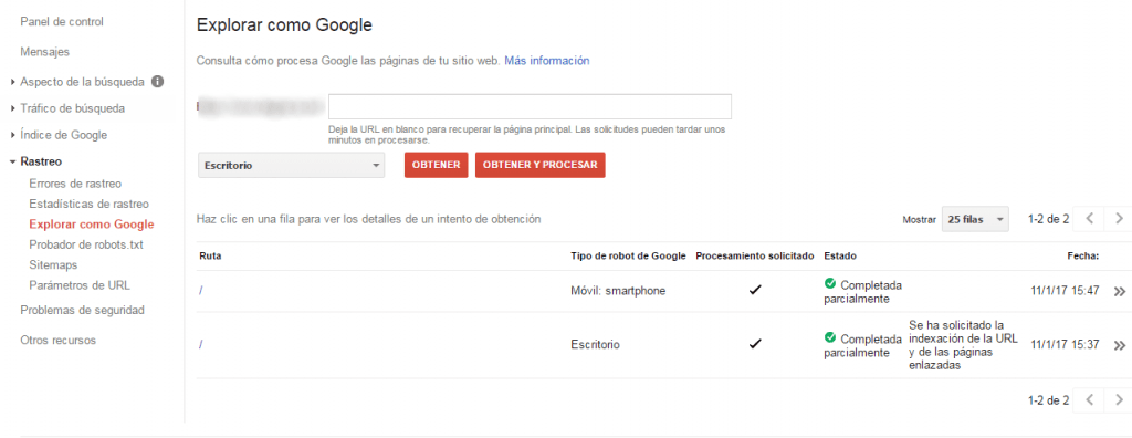 google search console procesado parcialmente